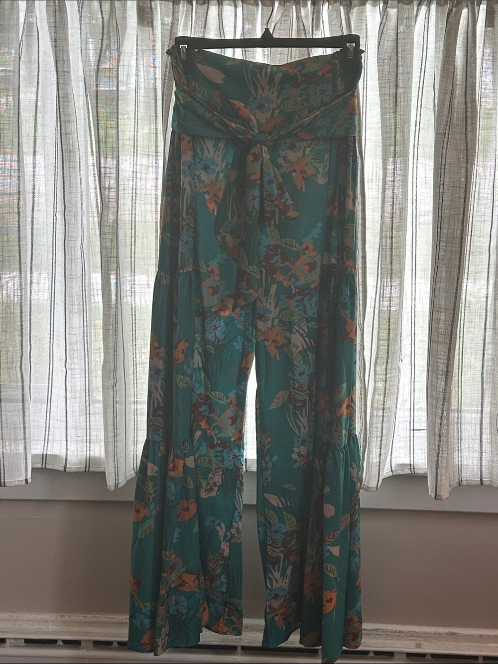 SHEIN Teal Floral Wide-Leg Pants with Tie Waist